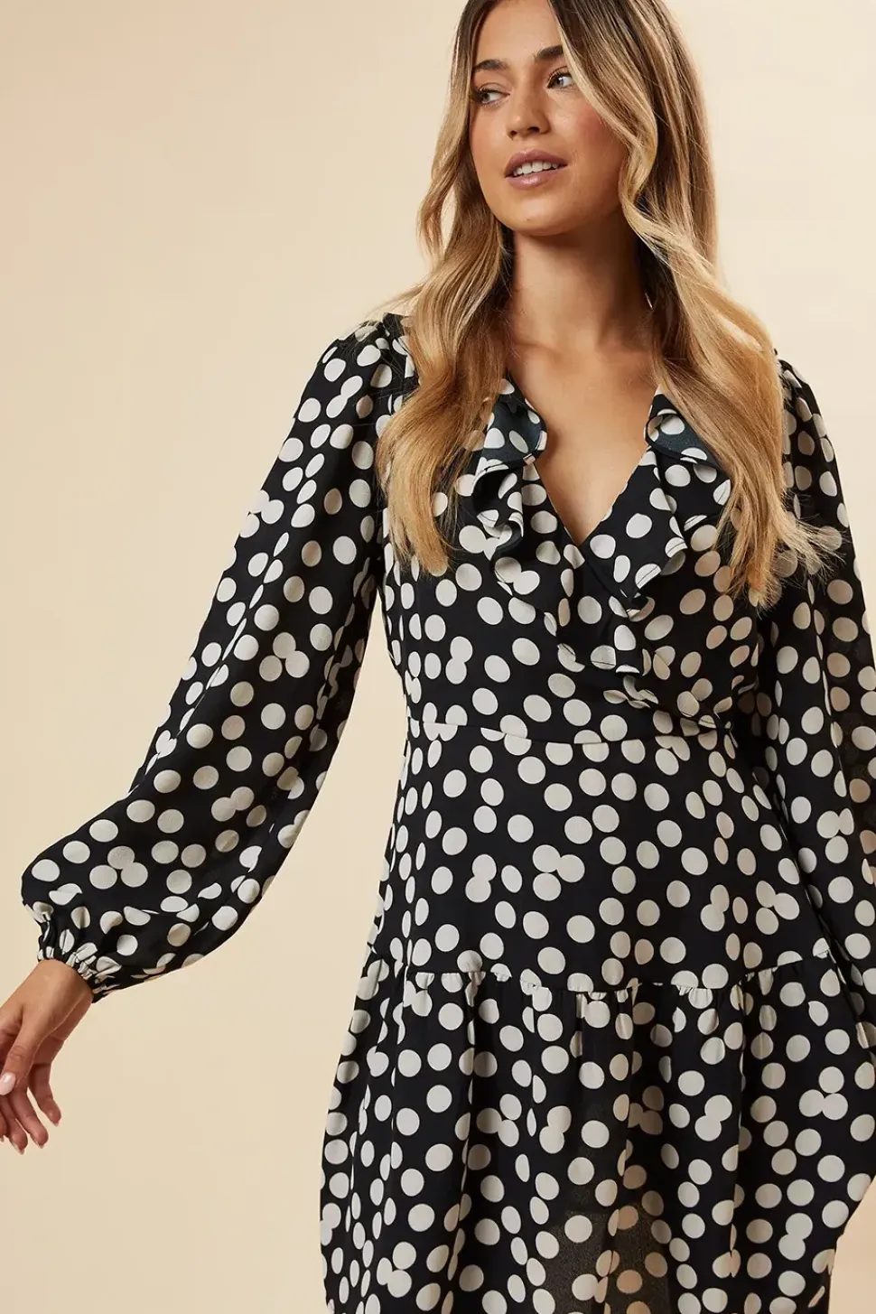 Black Spot Tiered Hem Frill Wrap Mini Dress