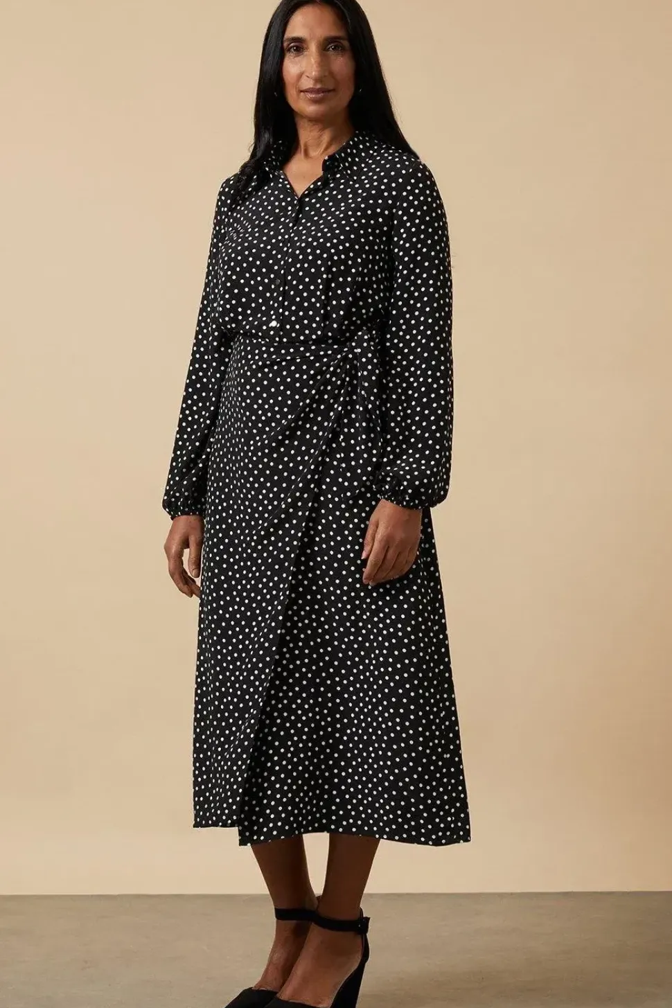 Black Spot Wrap Waist Dress