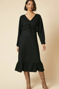 Black Tie Front Ruffle Bust Long Sleeve Midi Dress