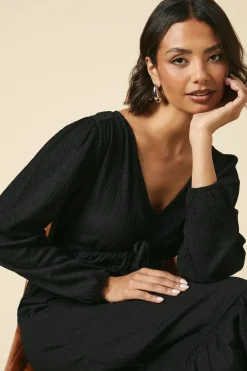 Black Tie Front Ruffle Bust Long Sleeve Midi Dress