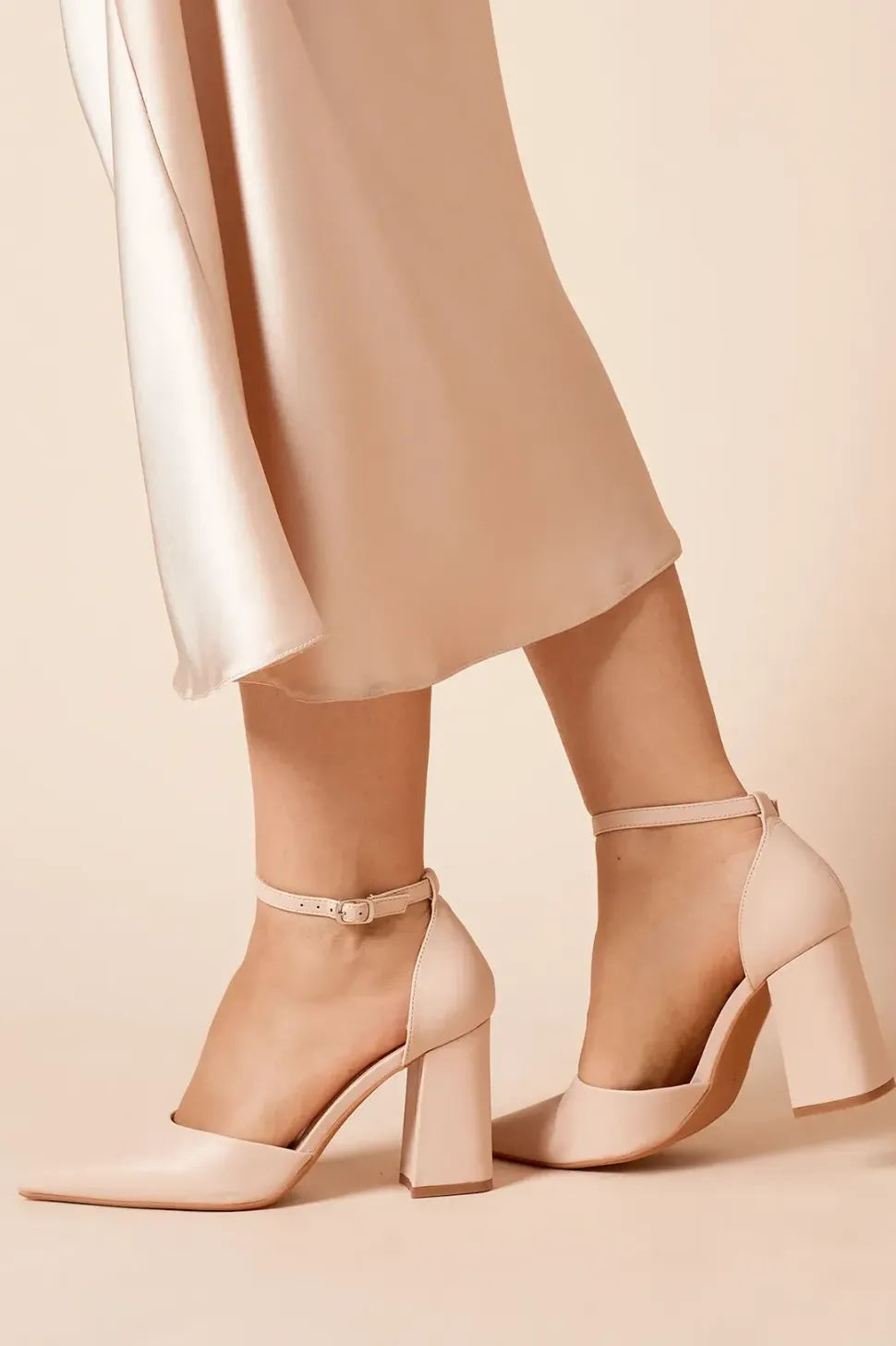 Blanche Ankle Strap Pointed High Block Heel Court Shoes