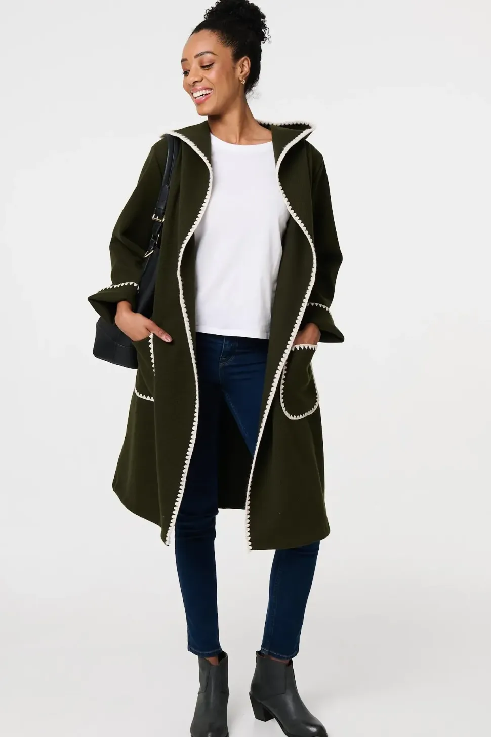 Blanket Stitch Tie Waist Longline Coat
