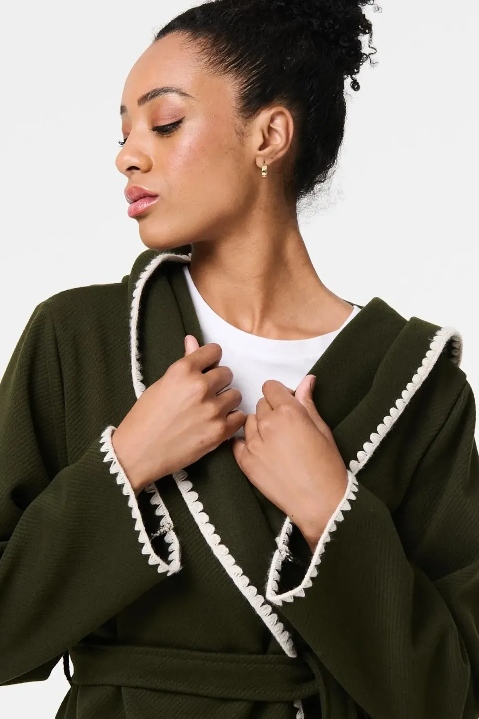 Blanket Stitch Tie Waist Longline Coat