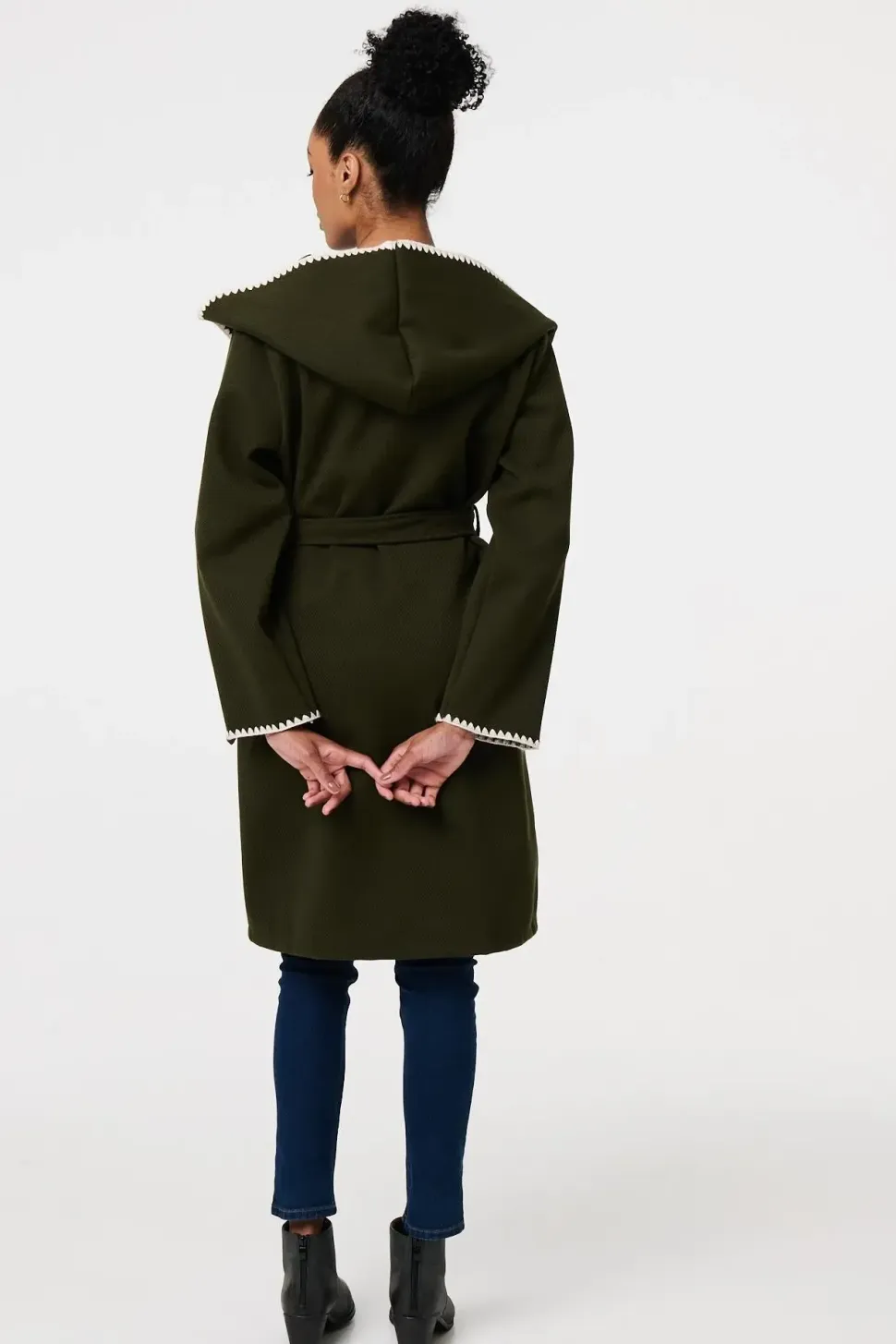 Blanket Stitch Tie Waist Longline Coat