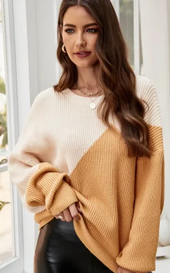 Block Colour Relaxed Knit Jumper Top In Beige & Camel