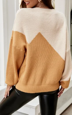 Block Colour Relaxed Knit Jumper Top In Beige & Camel