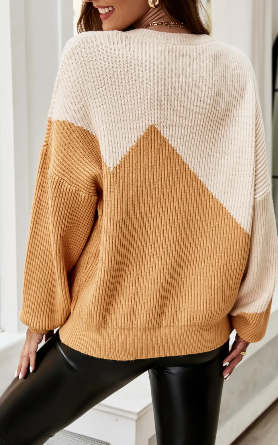 Block Colour Relaxed Knit Jumper Top In Beige & Camel