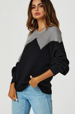Block Colour Relaxed Knit Jumper Top In Grey & Black