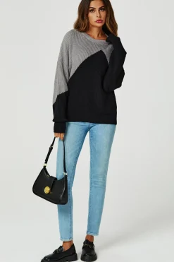 Block Colour Relaxed Knit Jumper Top In Grey & Black
