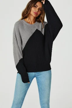 Block Colour Relaxed Knit Jumper Top In Grey & Black