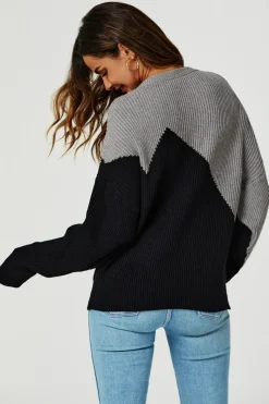Block Colour Relaxed Knit Jumper Top In Grey & Black