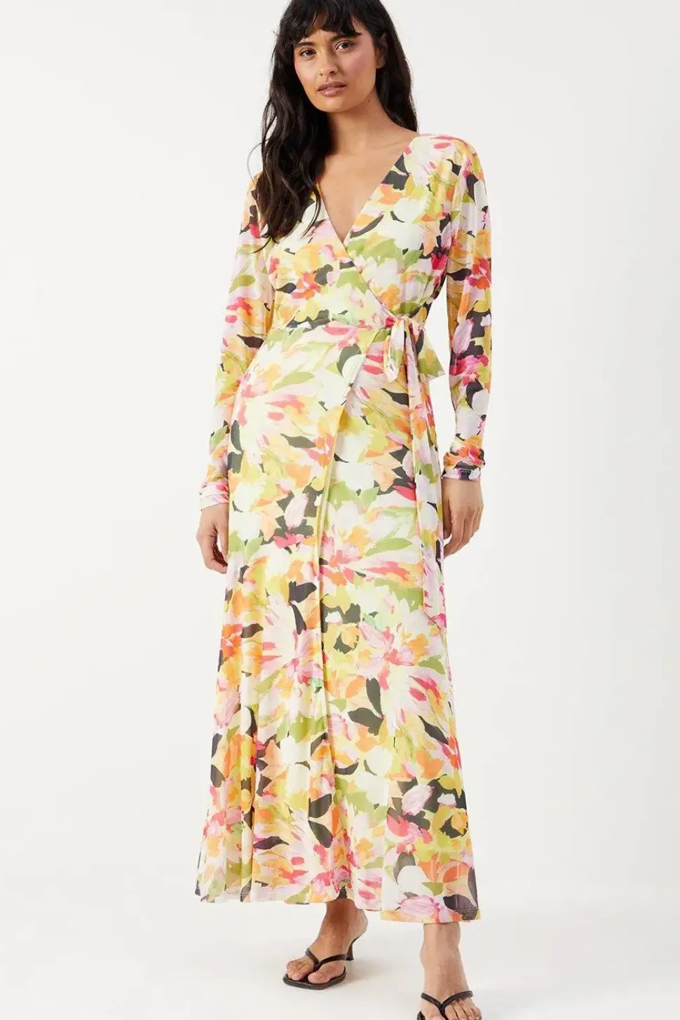 Bloom Floral Mesh Asymmetric Seam Wrap Midi Dress