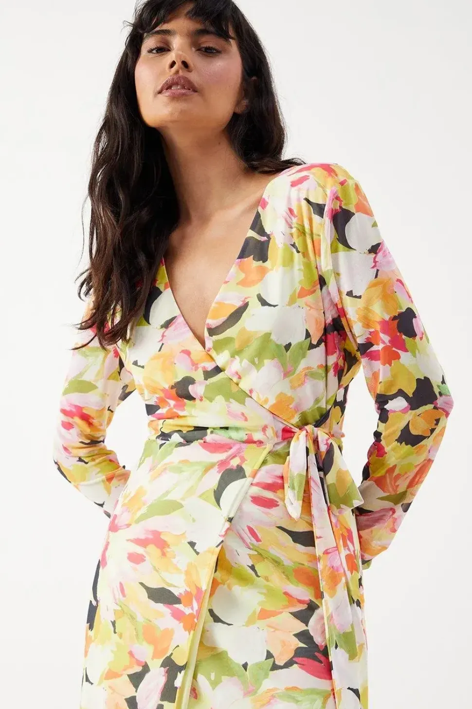 Bloom Floral Mesh Asymmetric Seam Wrap Midi Dress