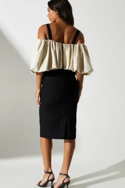 Blouson Bardot Detail Pencil Midi Dress