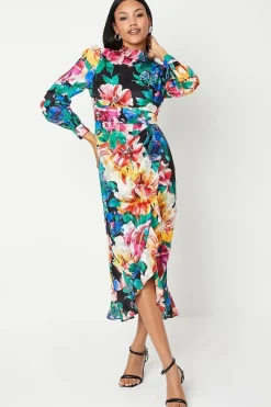 Blouson Sleeve Georgette Jacquard Printed Midi Dress