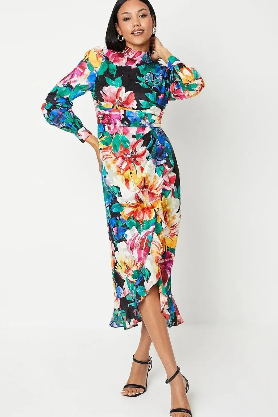 Blouson Sleeve Georgette Jacquard Printed Midi Dress