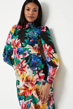 Blouson Sleeve Georgette Jacquard Printed Midi Dress