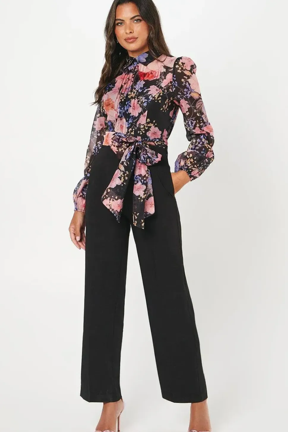 Blouson Sleeve Pintuck Detail Wide Leg Wedding Guest Jumpsuit
