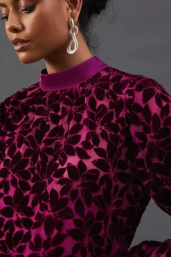 Blouson Sleeve Velvet Floral Devore High Low Midi Dress