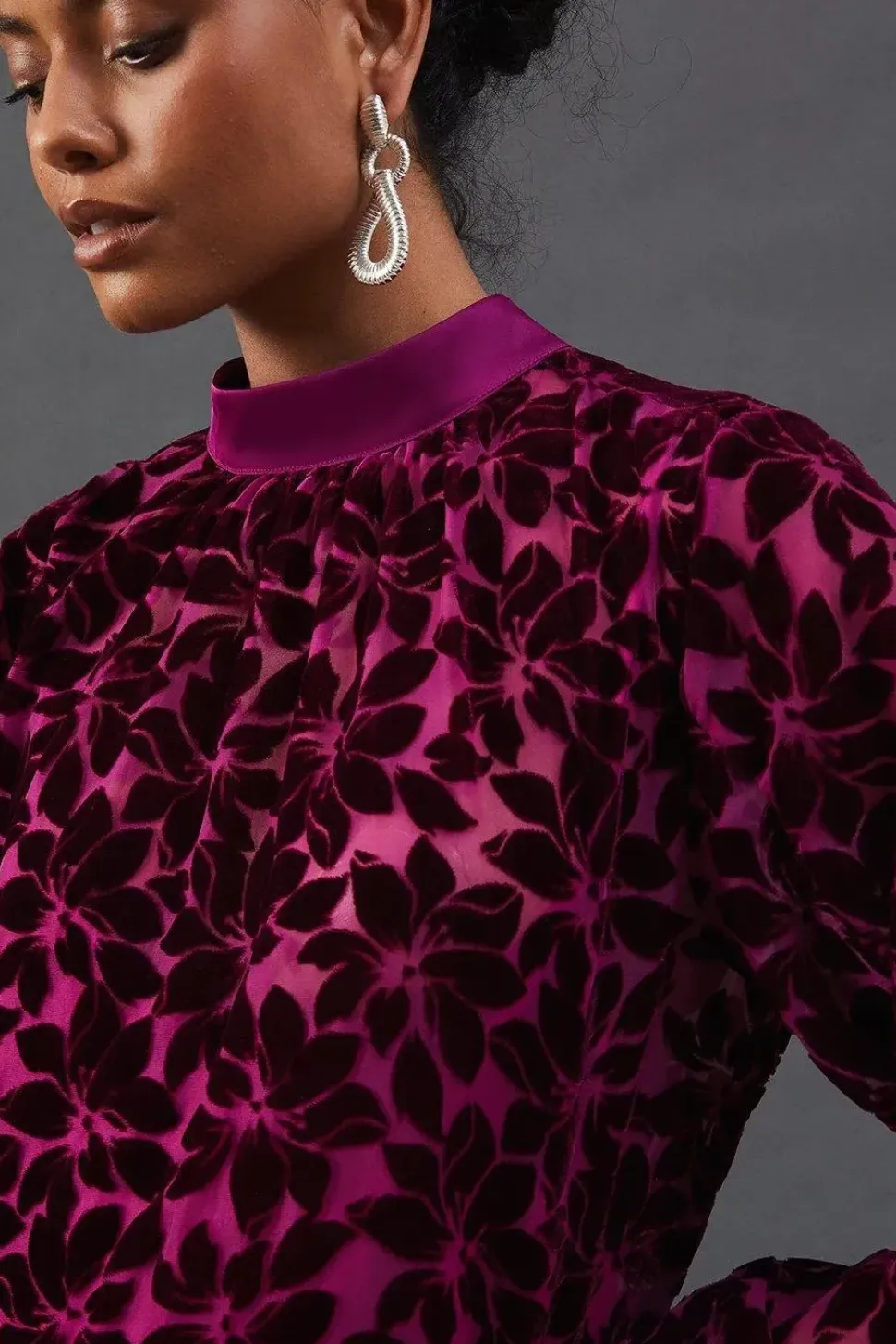 Blouson Sleeve Velvet Floral Devore High Low Midi Dress