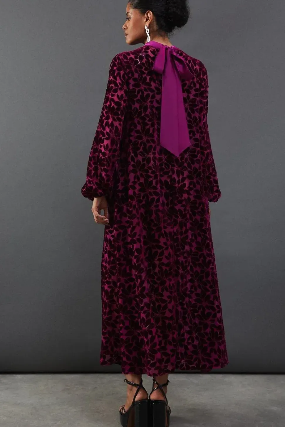 Blouson Sleeve Velvet Floral Devore High Low Midi Dress