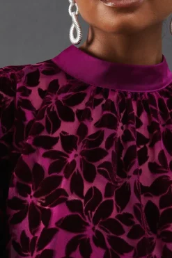 Blouson Sleeve Velvet Floral Devore High Low Midi Dress