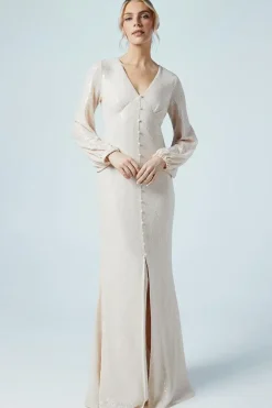 Blouson Sleeve V Neck Button Front Sequin Wedding Dress