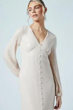 Blouson Sleeve V Neck Button Front Sequin Wedding Dress