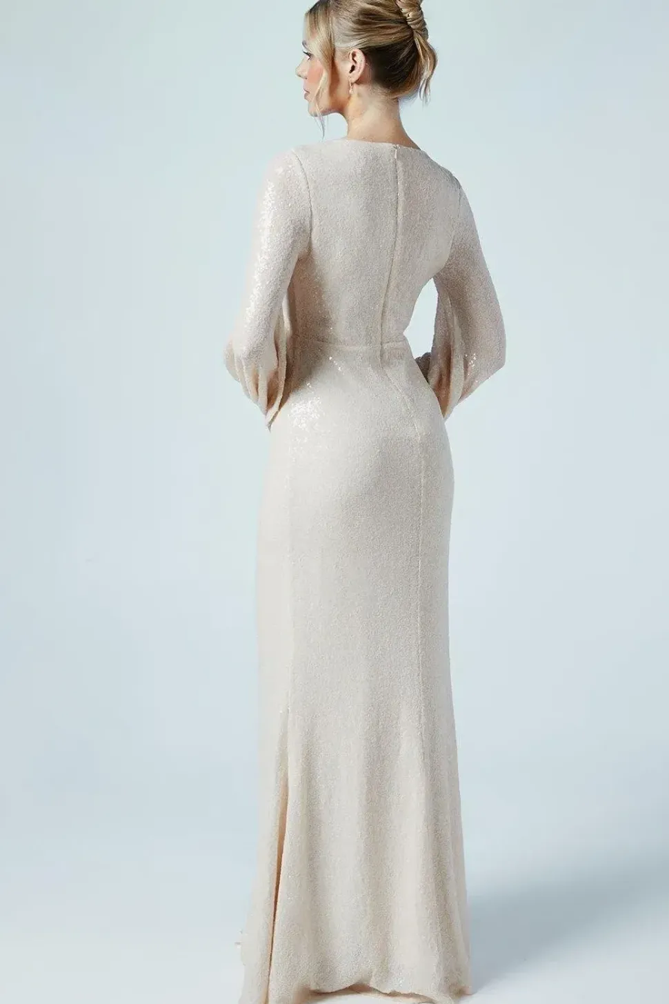 Blouson Sleeve V Neck Button Front Sequin Wedding Dress