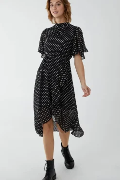 Blouson Wrap Skirt Ruffle Midi Dress