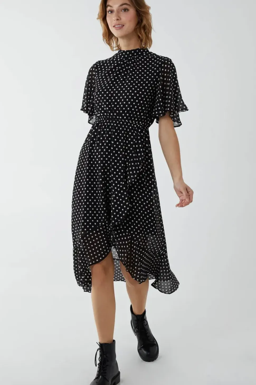 Blouson Wrap Skirt Ruffle Midi Dress