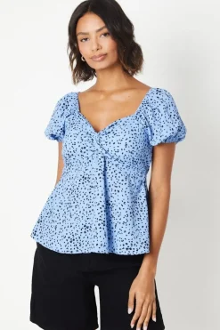 Blue Abstract Knot Front Puff Sleeve Blouse