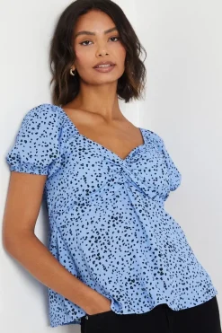 Blue Abstract Knot Front Puff Sleeve Blouse