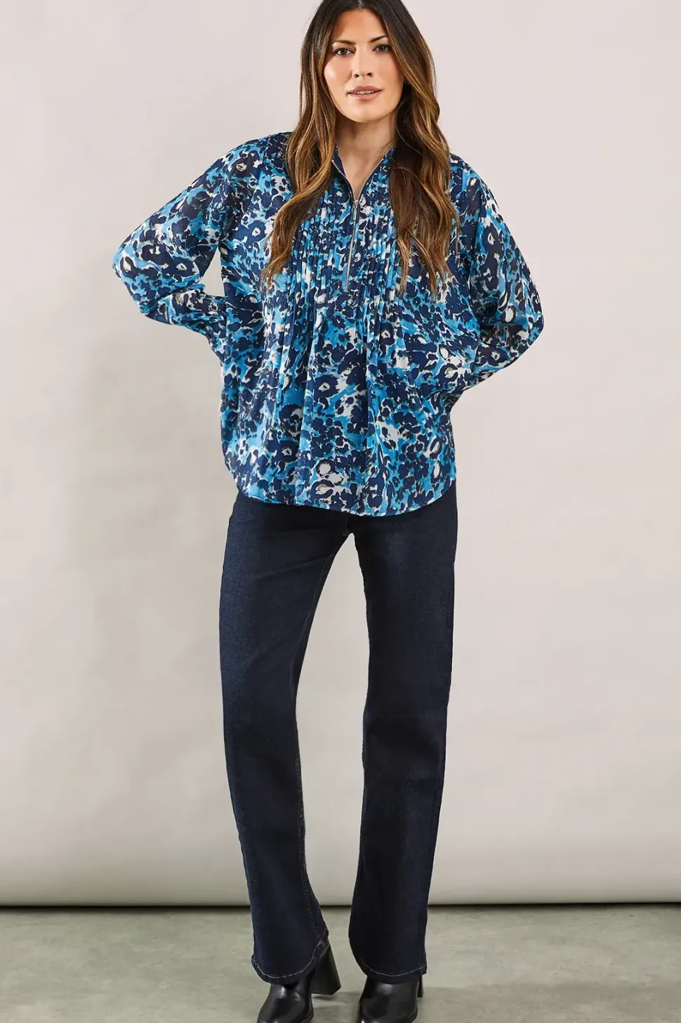 Blue Animal Pleat Zip Blouse