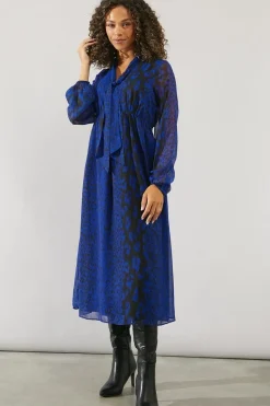 Blue Animal Tie Neck Midi Dress