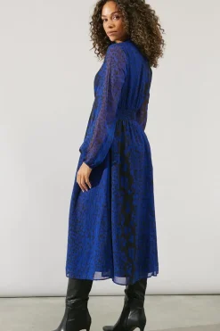Blue Animal Tie Neck Midi Dress