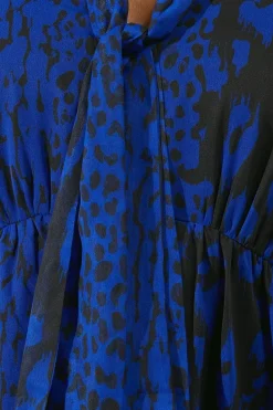 Blue Animal Tie Neck Midi Dress