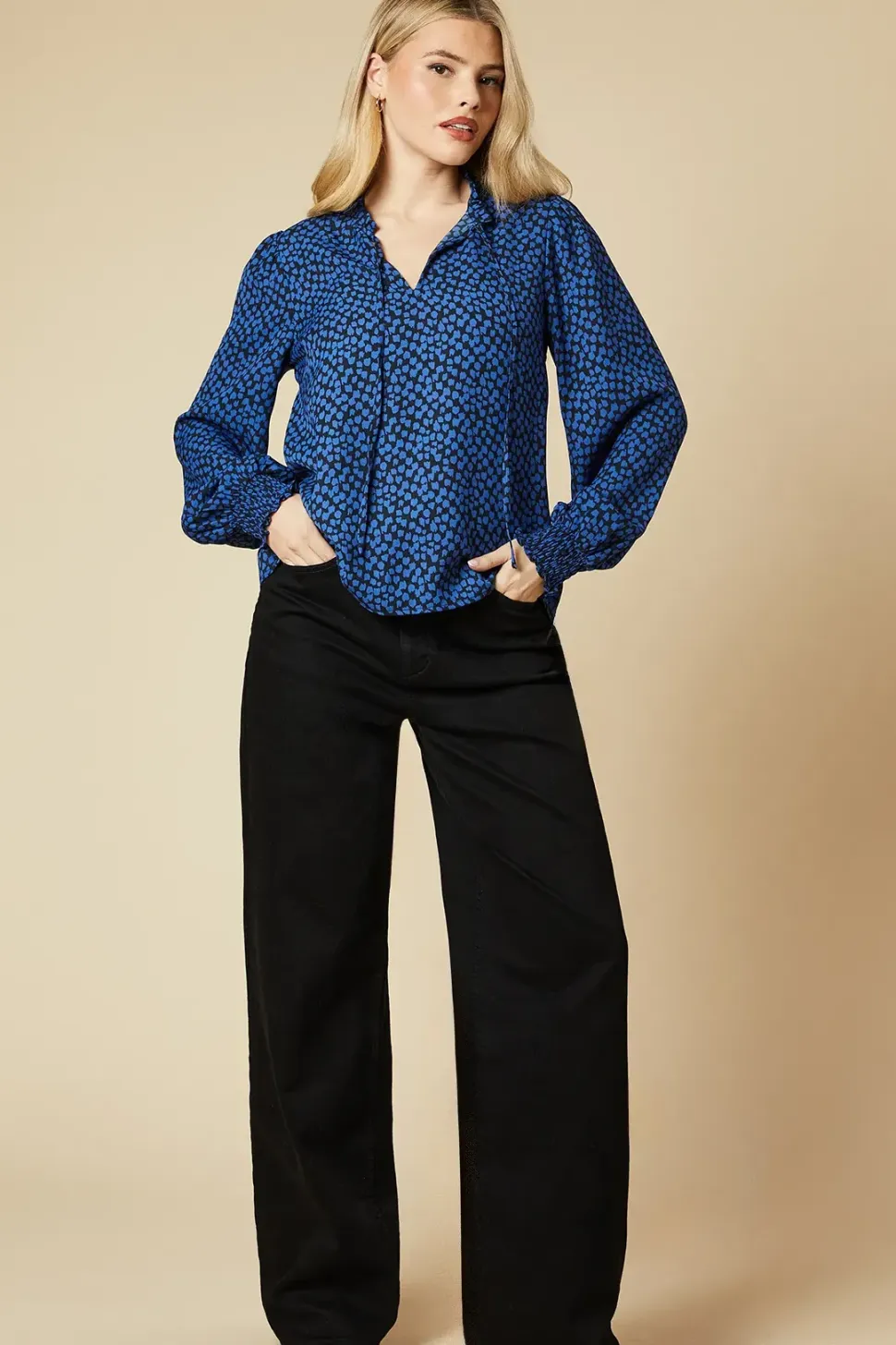 Blue Blurred Spot Shirred Cuff Blouse