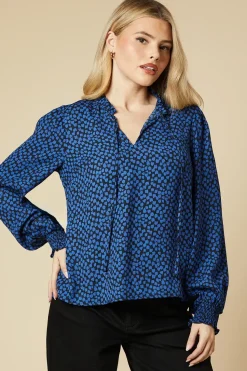 Blue Blurred Spot Shirred Cuff Blouse