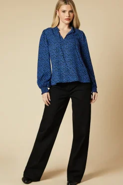 Blue Blurred Spot Shirred Cuff Blouse