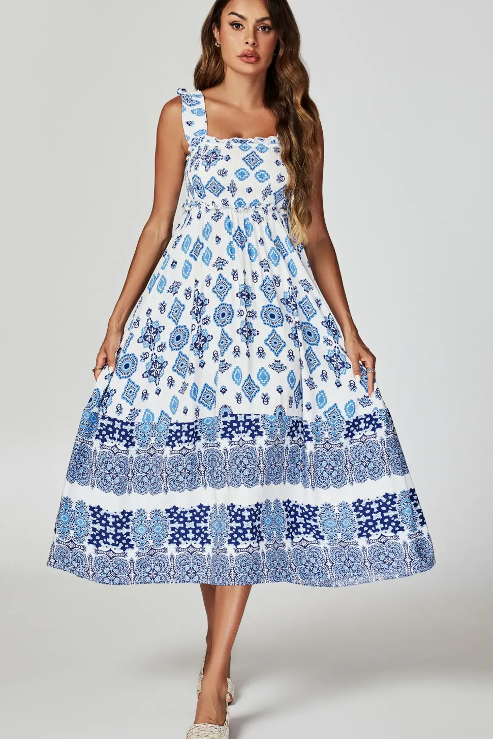 Blue Border Print Hem Detail Tiered Maxi Dress In White