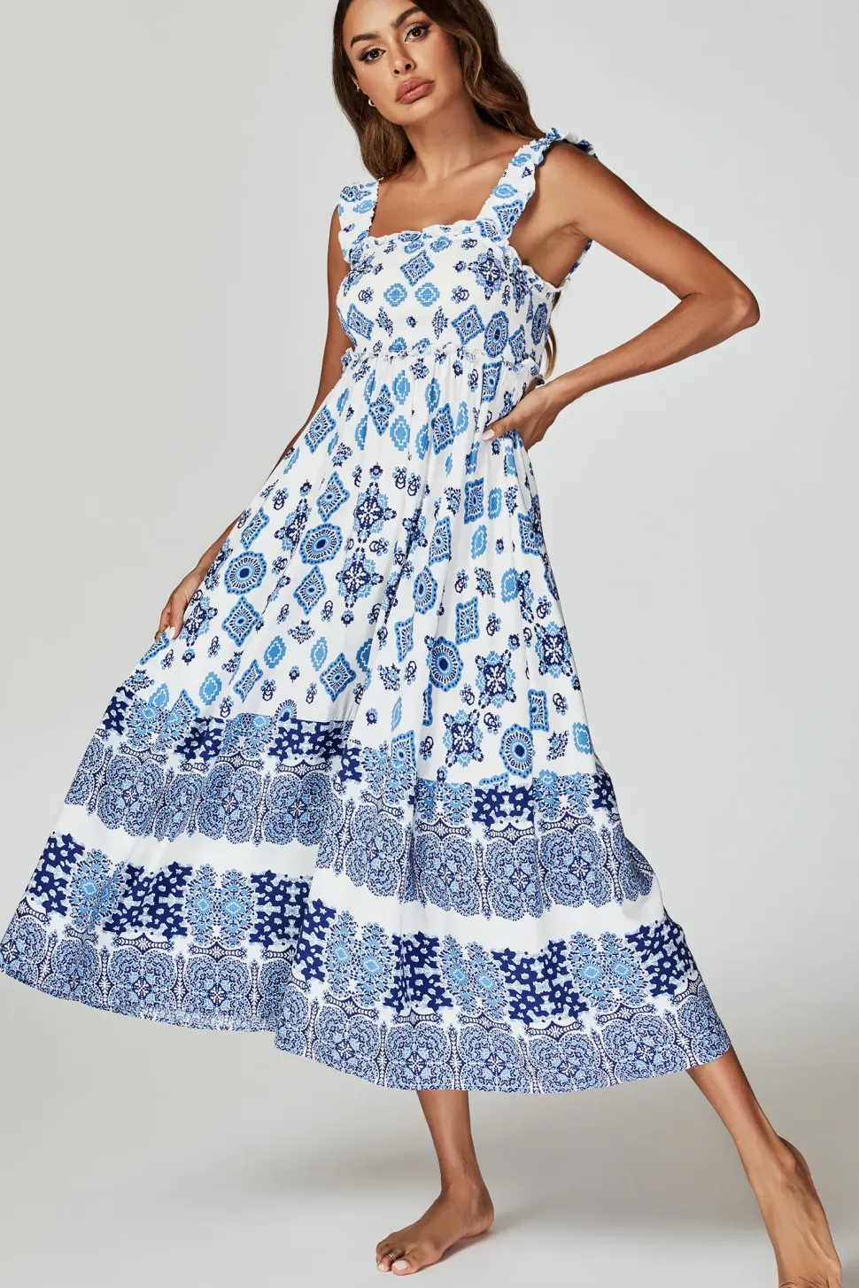 Blue Border Print Hem Detail Tiered Maxi Dress In White