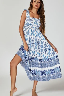 Blue Border Print Hem Detail Tiered Maxi Dress In White