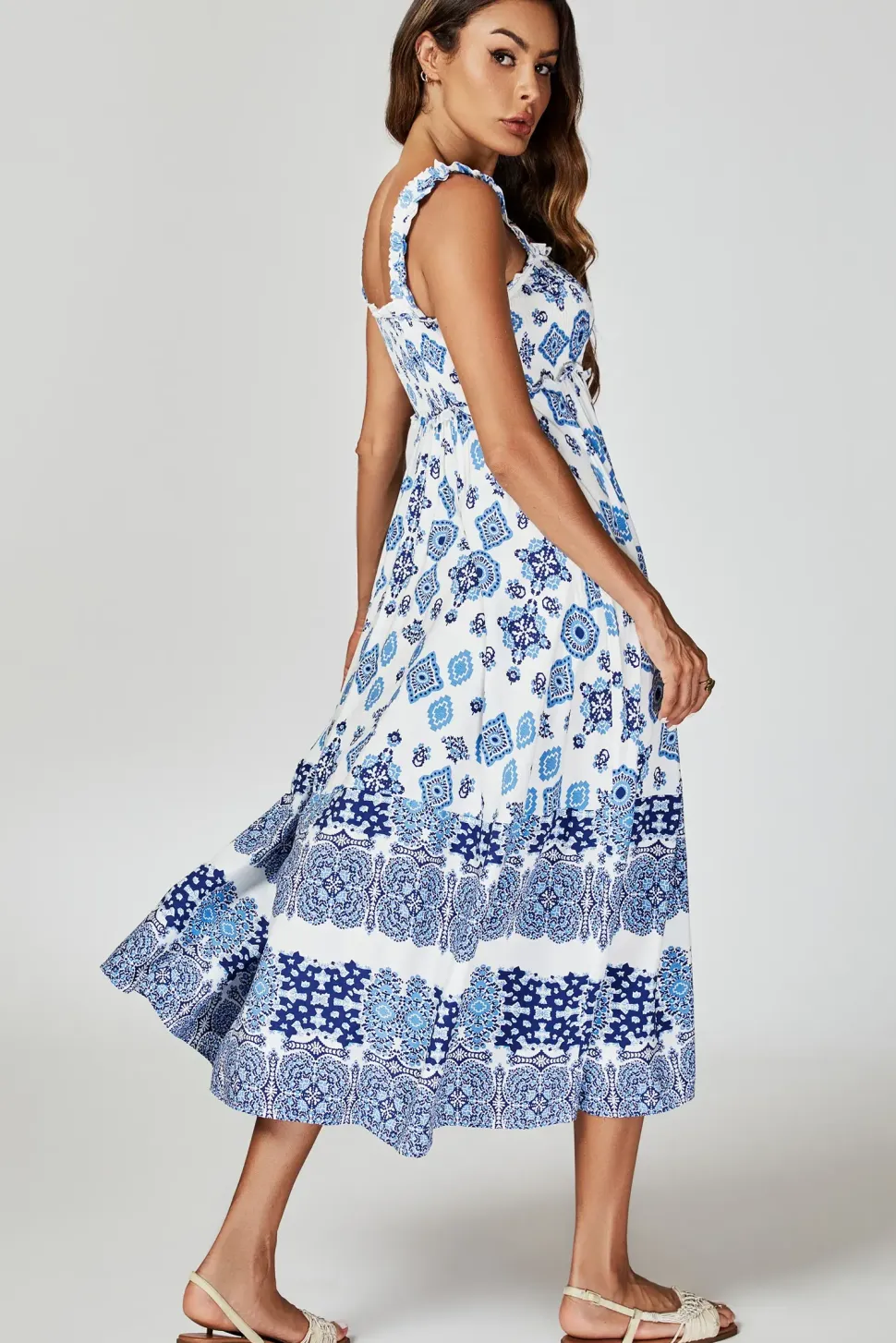 Blue Border Print Hem Detail Tiered Maxi Dress In White