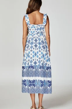 Blue Border Print Hem Detail Tiered Maxi Dress In White