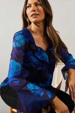 Blue Digital Floral Ruffle Detail Blouse