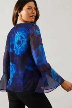 Blue Digital Floral Ruffle Detail Blouse