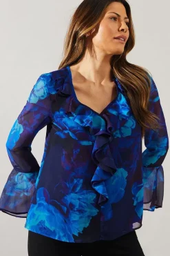 Blue Digital Floral Ruffle Detail Blouse