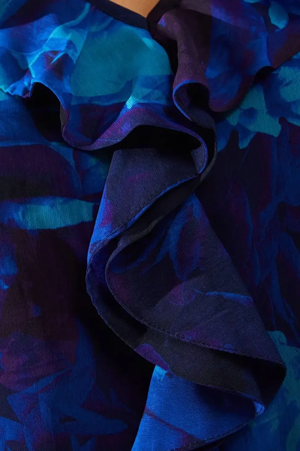 Blue Digital Floral Ruffle Detail Blouse