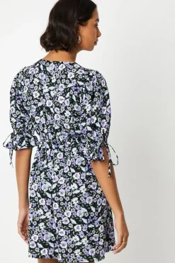 Blue Ditsy Empire Tie Sleeve Mini Dress